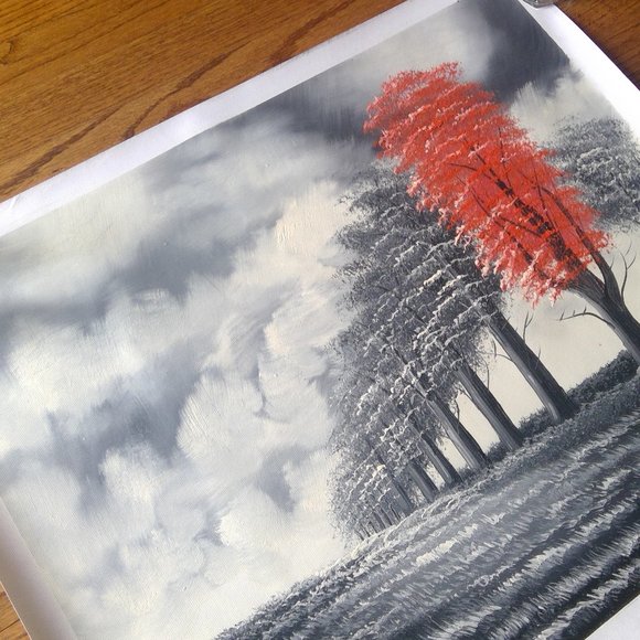 Oil Acrylic "Landscape of Trees" on Canvas Painting Shades of Gray and Red - Picture 15 of 15